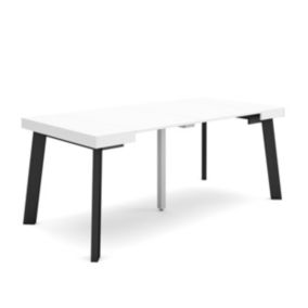 Table console extensible, 180, pour 8 personnes, 180x90x77cm, Pieds en bois, couleur Blanc et noir