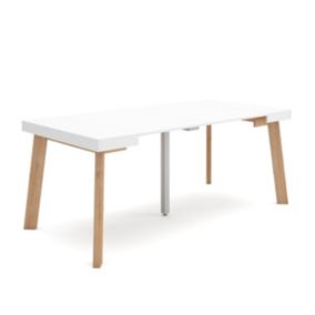 Table console extensible, 180, pour 8 personnes, 180x90x77cm, Pieds en bois, couleur Blanc