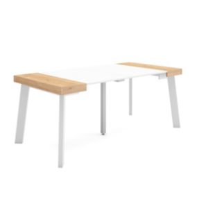 Table console extensible, 180, pour 8 personnes, 180x90x77cm, Pieds en bois, couleur Chêne et blanc