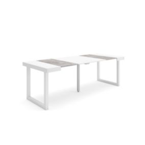 Table console extensible, 220, pour 10 personnes, 222x90x77cm, Pieds bois massif, couleur Blanc et ciment