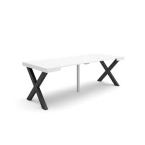 Table console extensible, 220, pour 10 personnes, 222x90x77cm, Pieds bois massif, couleur Blanc