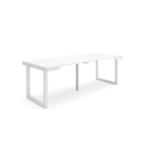 Table console extensible, 220, pour 10 personnes, 222x90x77cm, Pieds bois massif, couleur Blanc