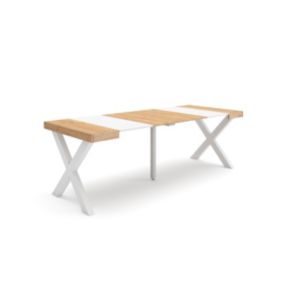 Table console extensible, 220, pour 10 personnes, 222x90x77cm, Pieds bois massif, couleur Chêne et blanc