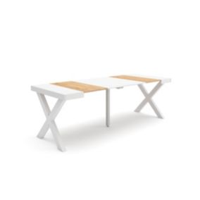 Table console extensible, 220, pour 10 personnes, 222x90x77cm, Pieds bois massif, couleur Chêne et blanc