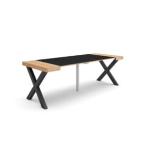 Table console extensible, 220, pour 10 personnes, 222x90x77cm, Pieds bois massif, couleur Chêne et noir