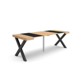 Table console extensible, 220, pour 10 personnes, 222x90x77cm, Pieds bois massif, couleur Chêne et noir