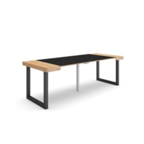 Table console extensible, 220, pour 10 personnes, 222x90x77cm, Pieds bois massif, couleur Chêne et noir