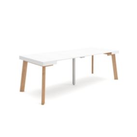 Table console extensible, 220, pour 10 personnes, 222x90x77cm, Pieds en bois, couleur Blanc