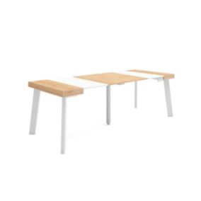 Table console extensible, 220, pour 10 personnes, 222x90x77cm, Pieds en bois, couleur Chêne et blanc