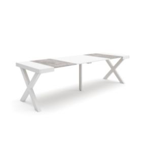 Table console extensible, 260, pour 12 personnes, 262x90x77cm, Pieds bois massif, couleur Blanc et ciment