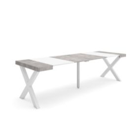 Table console extensible, 260, pour 12 personnes, 262x90x77cm, Pieds bois massif, couleur Blanc et ciment