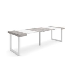 Table console extensible, 260, pour 12 personnes, 262x90x77cm, Pieds bois massif, couleur Blanc et ciment