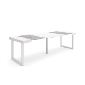 Table console extensible, 260, pour 12 personnes, 262x90x77cm, Pieds bois massif, couleur Blanc et ciment