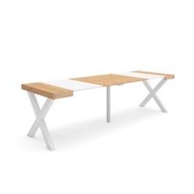 Table console extensible, 260, pour 12 personnes, 262x90x77cm, Pieds bois massif, couleur Chêne et blanc