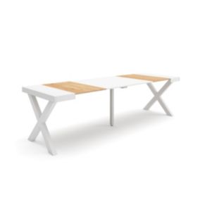 Table console extensible, 260, pour 12 personnes, 262x90x77cm, Pieds bois massif, couleur Chêne et blanc