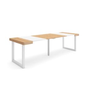 Table console extensible, 260, pour 12 personnes, 262x90x77cm, Pieds bois massif, couleur Chêne et blanc