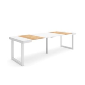 Table console extensible, 260, pour 12 personnes, 262x90x77cm, Pieds bois massif, couleur Chêne et blanc