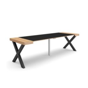 Table console extensible, 260, pour 12 personnes, 262x90x77cm, Pieds bois massif, couleur Chêne et noir