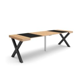 Table console extensible, 260, pour 12 personnes, 262x90x77cm, Pieds bois massif, couleur Chêne et noir