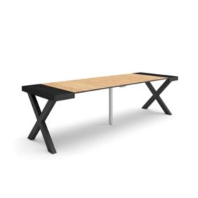 Table console extensible, 260, pour 12 personnes, 262x90x77cm, Pieds bois massif, couleur Chêne et noir