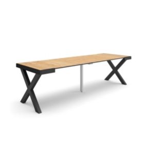 Table console extensible, 260, pour 12 personnes, 262x90x77cm, Pieds bois massif, couleur Chêne et noir