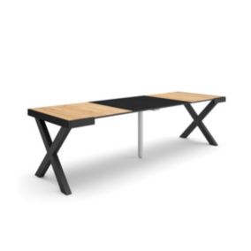 Table console extensible, 260, pour 12 personnes, 262x90x77cm, Pieds bois massif, couleur Chêne et noir