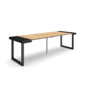 Table console extensible, 260, pour 12 personnes, 262x90x77cm, Pieds bois massif, couleur Noir et chêne