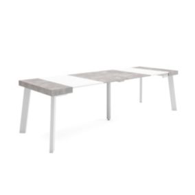 Table console extensible, 260, pour 12 personnes, 262x90x77cm, Pieds en bois, couleur Blanc et ciment