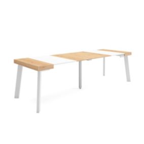 Table console extensible, 260, pour 12 personnes, 262x90x77cm, Pieds en bois, couleur Chêne et blanc