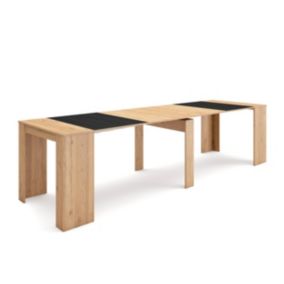 Table console extensible, 300, pour 14 personnes, 302x90x77cm, couleur Chêne et noir