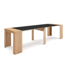 Table console extensible, 300, pour 14 personnes, 302x90x77cm, couleur Chêne et noir