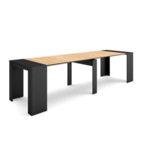 Table console extensible, 300, pour 14 personnes, 302x90x77cm, couleur Noir et chêne