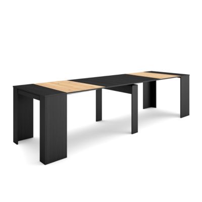 Table console extensible, 300, pour 14 personnes, 302x90x77cm, couleur Noir et chêne