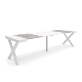 Table console extensible, 300, pour 14 personnes, 302x90x77cm, Pieds bois massif, couleur Blanc et ciment