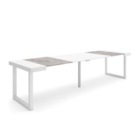 Table console extensible, 300, pour 14 personnes, 302x90x77cm, Pieds bois massif, couleur Blanc et ciment