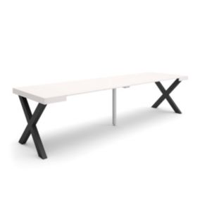 Table console extensible, 300, pour 14 personnes, 302x90x77cm, Pieds bois massif, couleur Blanc