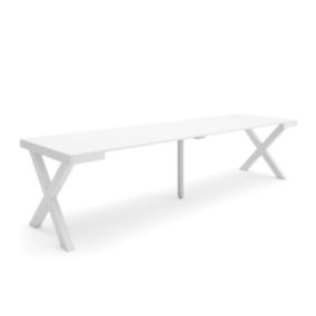 Table console extensible, 300, pour 14 personnes, 302x90x77cm, Pieds bois massif, couleur Blanc