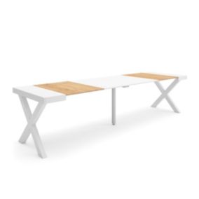 Table console extensible, 300, pour 14 personnes, 302x90x77cm, Pieds bois massif, couleur Chêne et blanc