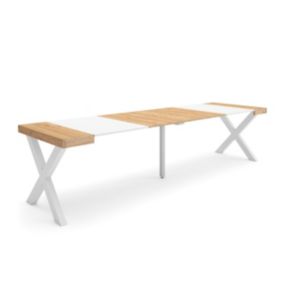 Table console extensible, 300, pour 14 personnes, 302x90x77cm, Pieds bois massif, couleur Chêne et blanc