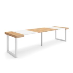 Table console extensible, 300, pour 14 personnes, 302x90x77cm, Pieds bois massif, couleur Chêne et blanc