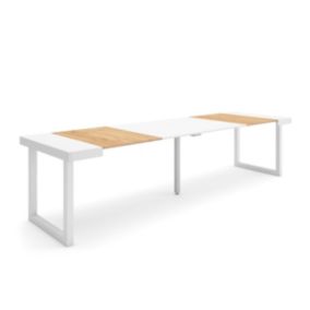 Table console extensible, 300, pour 14 personnes, 302x90x77cm, Pieds bois massif, couleur Chêne et blanc