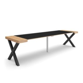 Table console extensible, 300, pour 14 personnes, 302x90x77cm, Pieds bois massif, couleur Chêne et noir