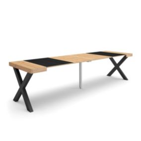 Table console extensible, 300, pour 14 personnes, 302x90x77cm, Pieds bois massif, couleur Chêne et noir