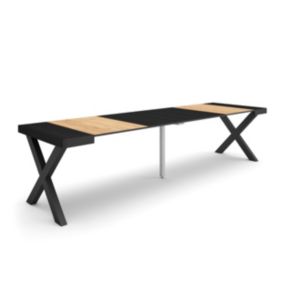 Table console extensible, 300, pour 14 personnes, 302x90x77cm, Pieds bois massif, couleur Chêne et noir