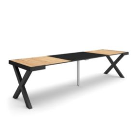 Table console extensible, 300, pour 14 personnes, 302x90x77cm, Pieds bois massif, couleur Chêne et noir