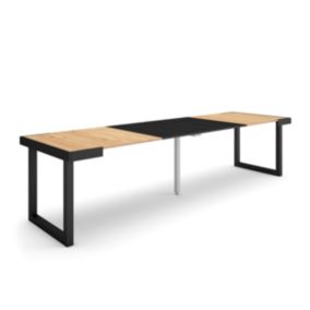 Table console extensible, 300, pour 14 personnes, 302x90x77cm, Pieds bois massif, couleur Chêne et noir