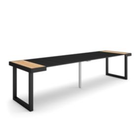 Table console extensible, 300, pour 14 personnes, 302x90x77cm, Pieds bois massif, couleur Chêne et noir