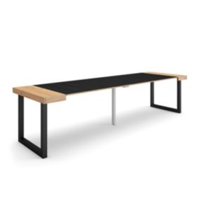 Table console extensible, 300, pour 14 personnes, 302x90x77cm, Pieds bois massif, couleur Chêne et noir