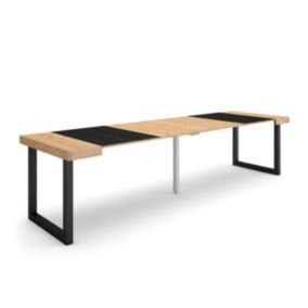 Table console extensible, 300, pour 14 personnes, 302x90x77cm, Pieds bois massif, couleur Chêne et noir