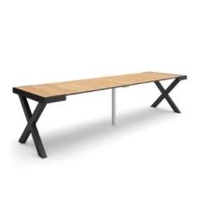 Table console extensible, 300, pour 14 personnes, 302x90x77cm, Pieds bois massif, couleur Chêne